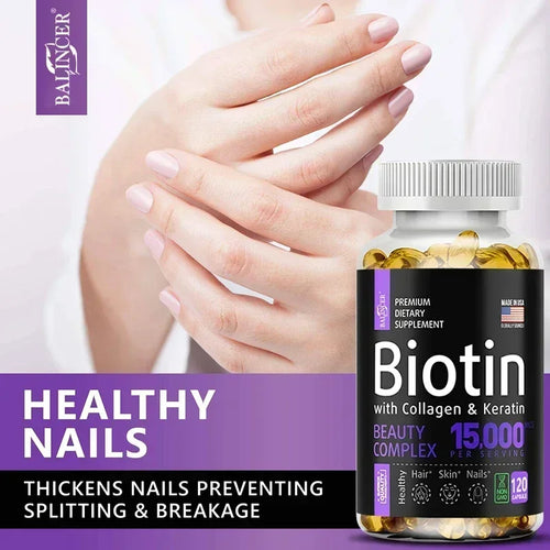 Biotin Supplement - 15,000 Mcg with Collagen and Keratin, Vitamins, Shiny Hair, Skin and Nails, Joint Health, 30/60/120 Capsules