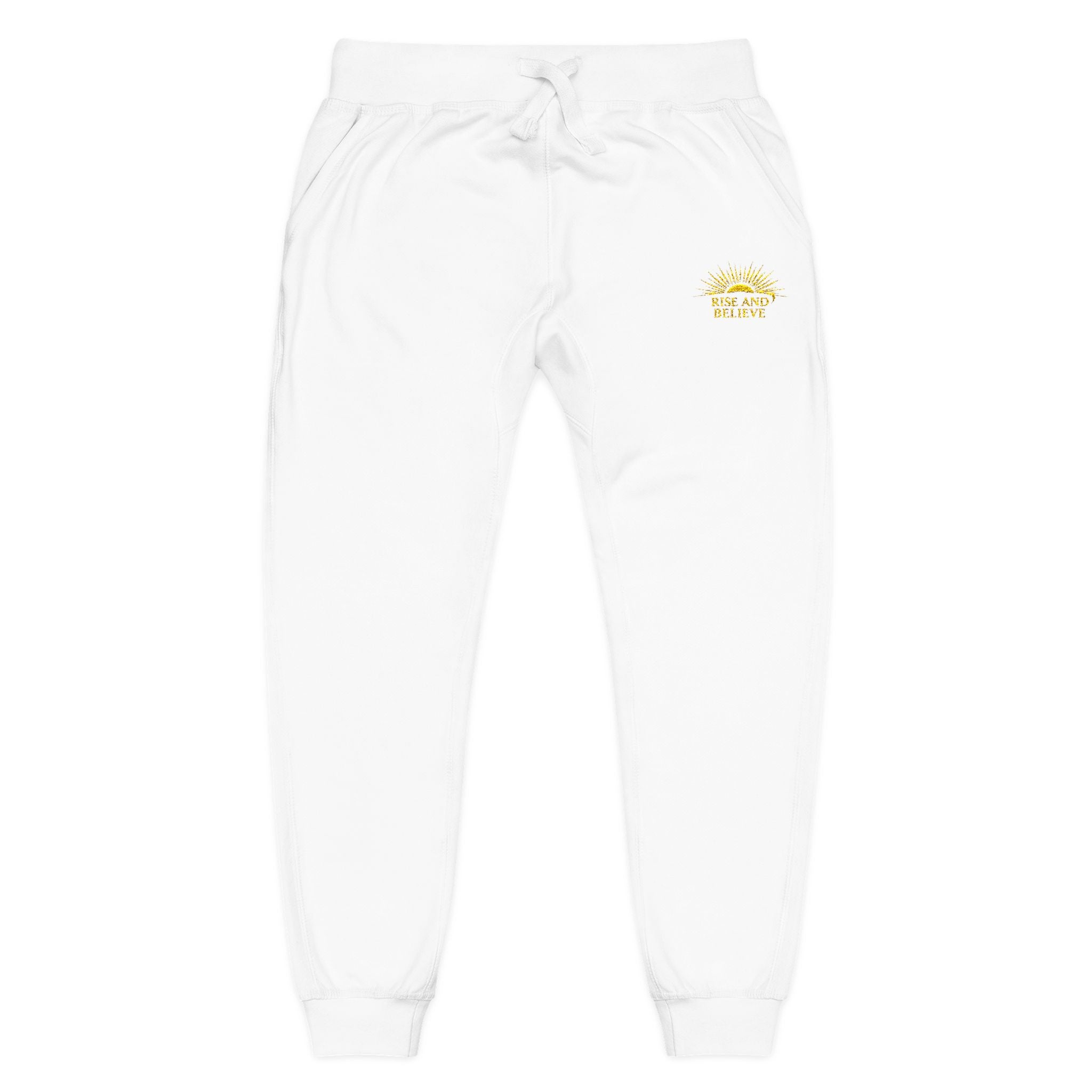 Embroidered Sunflower Fleece Sweatpants — Cozy White Joggers