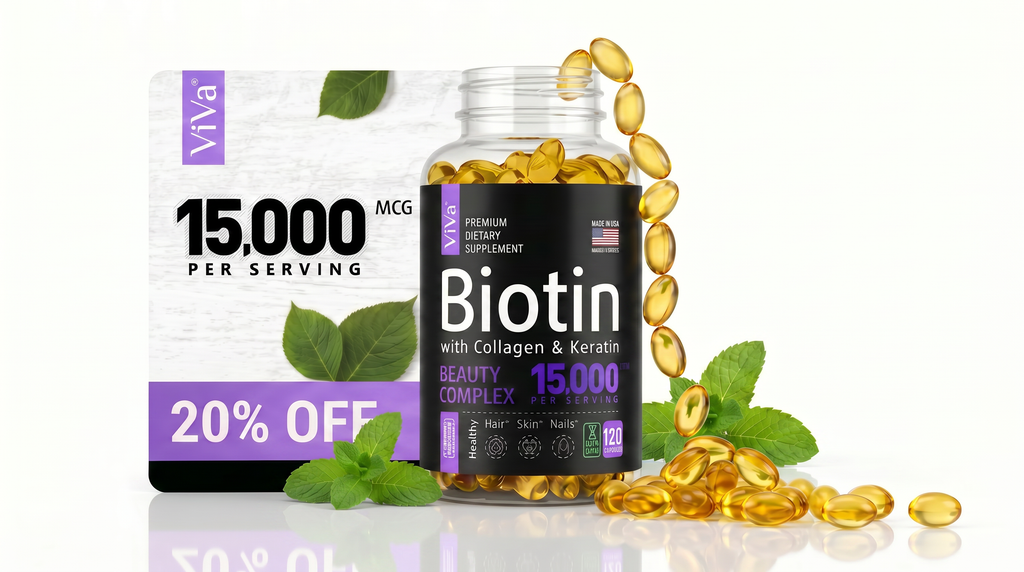 Biotin Supplement - 15,000 Mcg with Collagen and Keratin, Vitamins, Shiny Hair, Skin and Nails, Joint Health, 30/60/120 Capsules