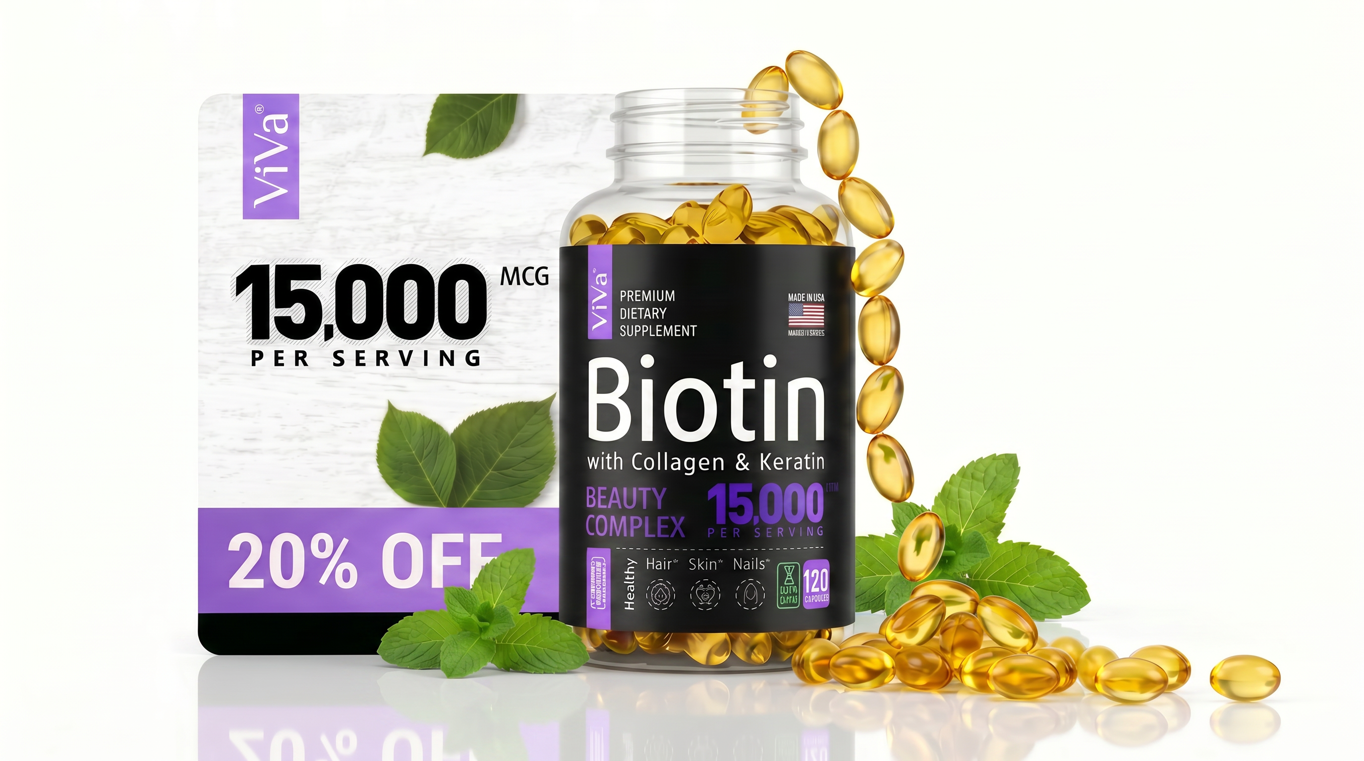 Biotin Supplement - 15,000 Mcg with Collagen and Keratin, Vitamins, Shiny Hair, Skin and Nails, Joint Health, 30/60/120 Capsules