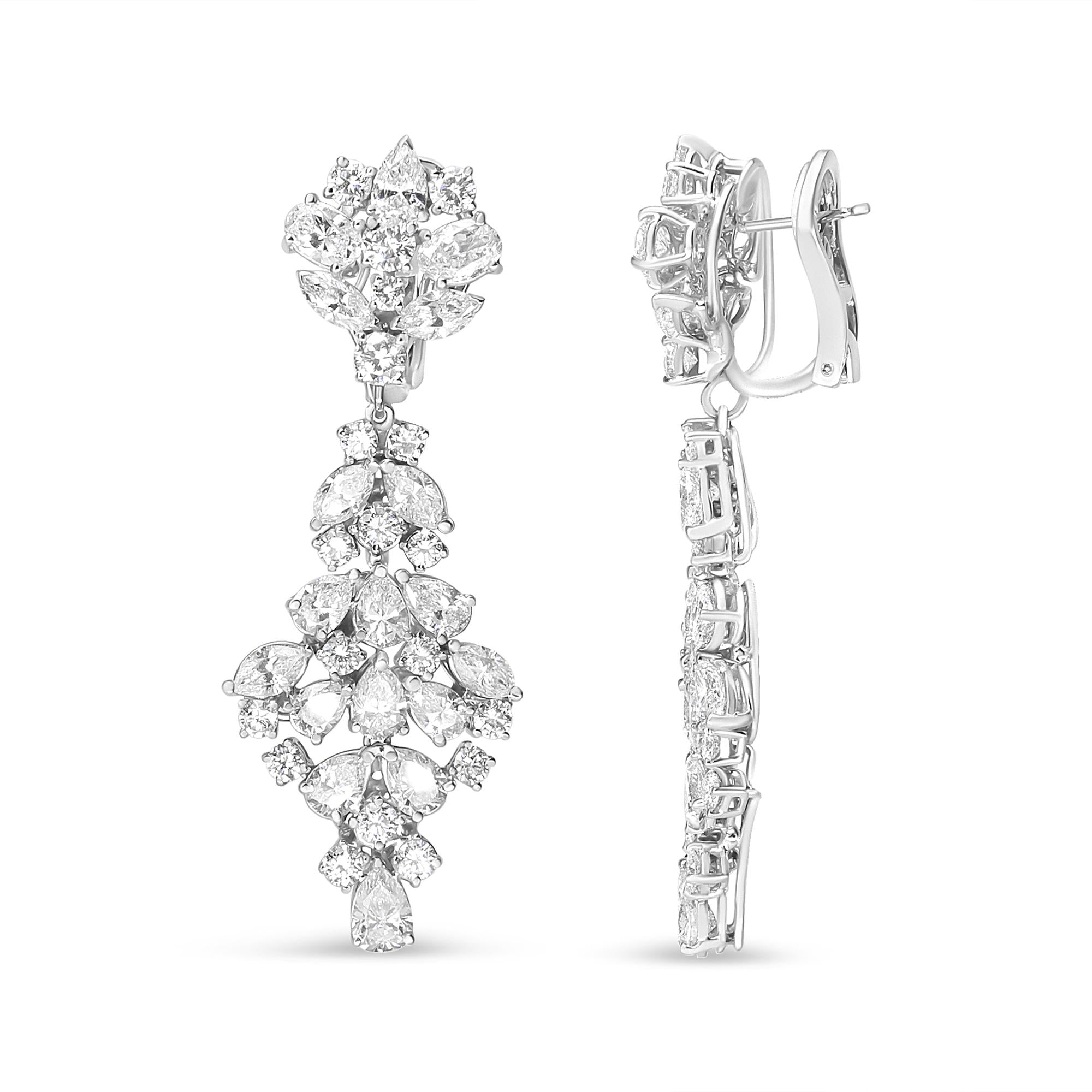 18K White Gold 9 1/2 Cttw Diamond Cluster Drop Dangle Clip-On Earrings (F-G Color, VS1-VS2 Clarity)