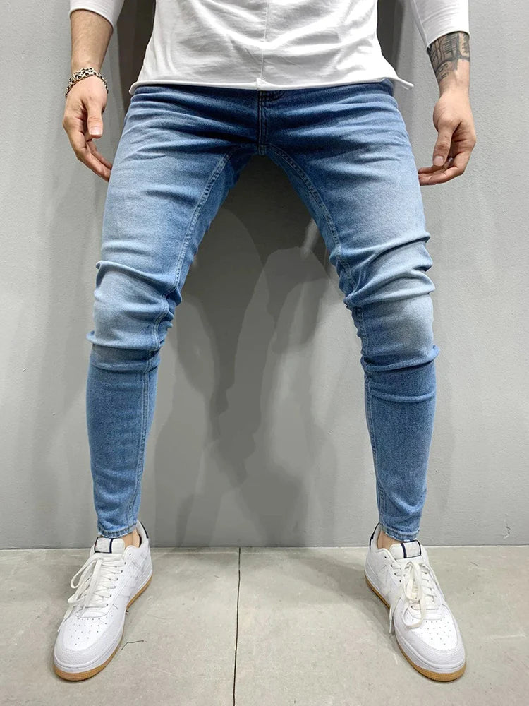Spring Mens Black Blue Pants Pure Color Stretch Jeans Street Casual Slim Fit Trousers Male Vintage Wash Skinny Jeans for Men